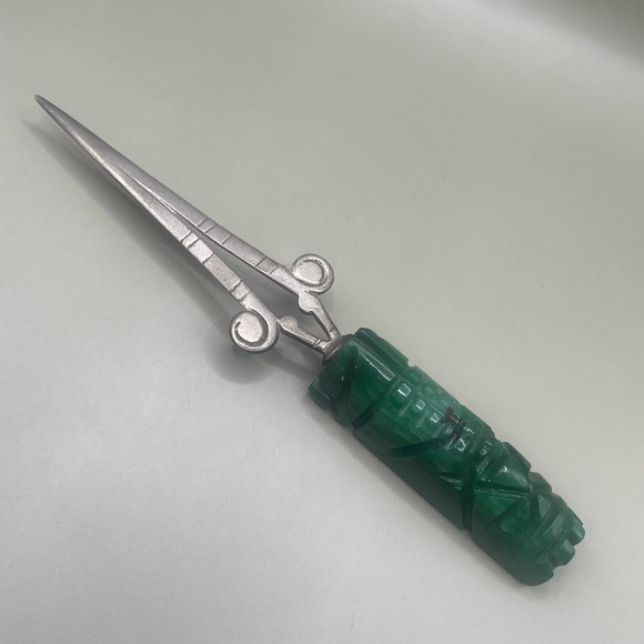 Vintage Aztec Letter Opener Carved Green Onyx Handle Silver 850 Mexico 6.6”